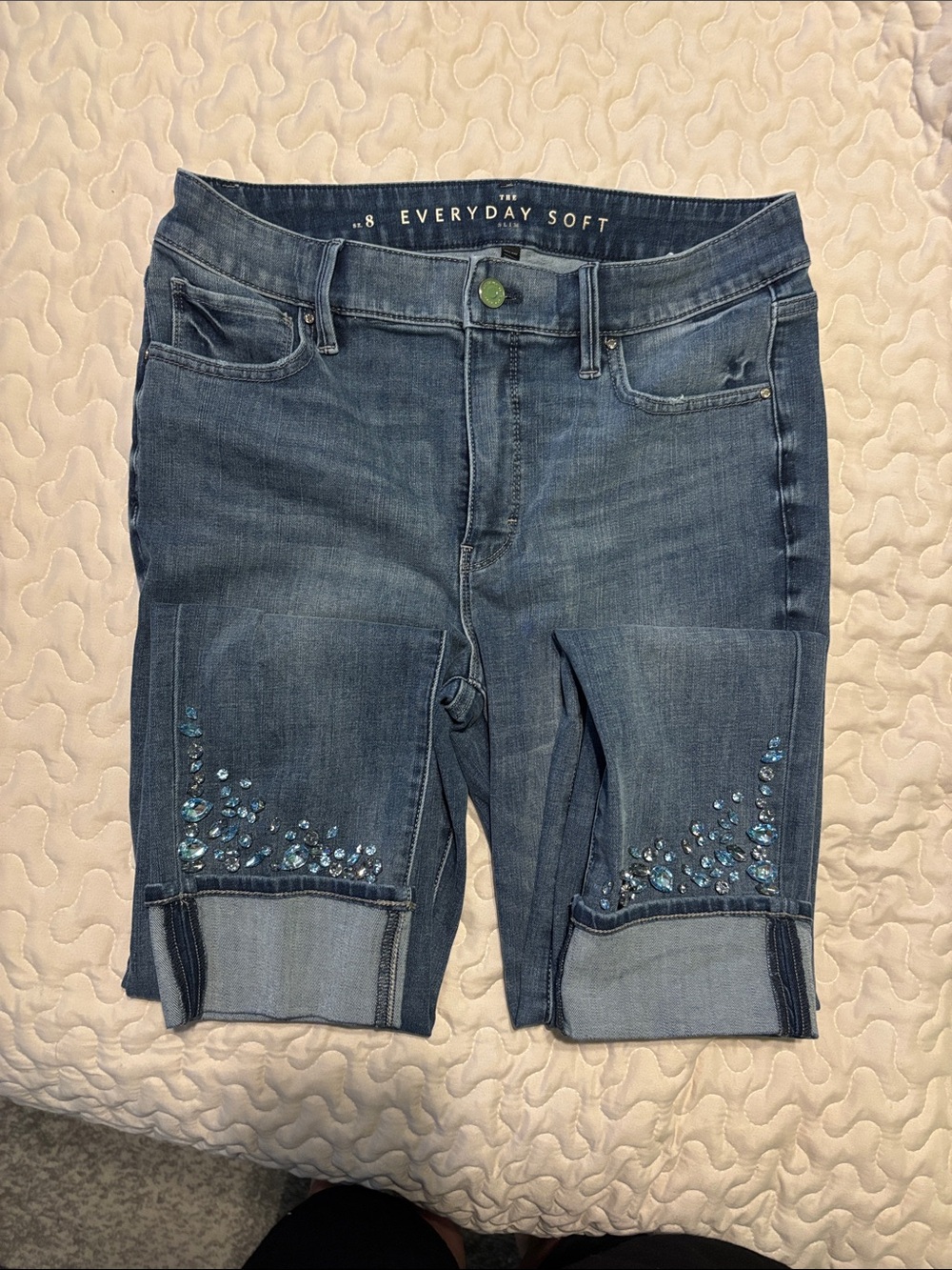 White House Black Market Blue Cropped Denim Shorts with Rhinestones